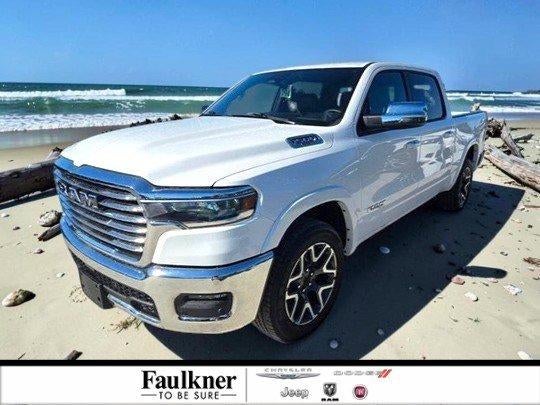 2025 RAM 1500 Laramie 4x4 Crew Cab 5'7" Box in Bright White Clearcoat — front three-quarter view