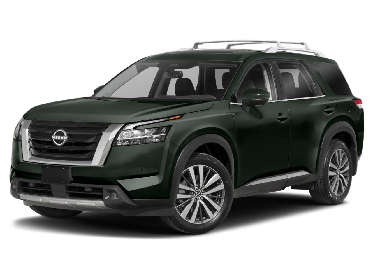 2023 Nissan Pathfinder Platinum in Obsidian Green Pearl — front three-quarter view
